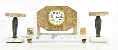 Lot 2256 - A French Art Deco marble three piece clock...