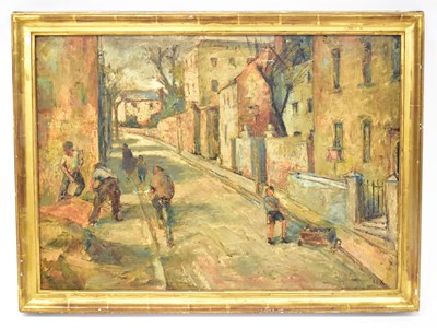 Lot 655 - MK (20th century); oil on board, street scene...