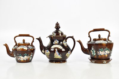 Lot 1626 - BARGEWARE; three teapots, inscribed 'Sarah...
