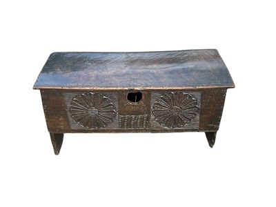 Lot 2054 - An 18th century oak six plank coffer, width...