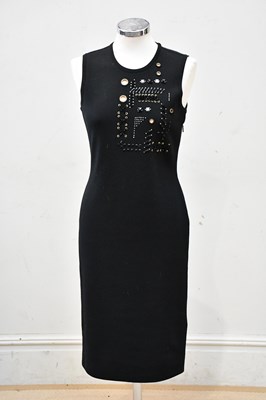 Lot 743 - VERSACE; a black wool midi length fitted shift...