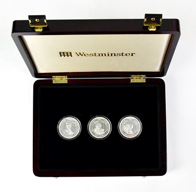 Lot 966 - A cased set of three silver proof £5 coins, 'A...