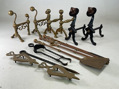Lot 139 - Three pairs of brass and steel andirons,...