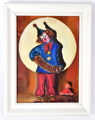 Lot 656 - MAITE; oil on canvas, clown in a spotlight...