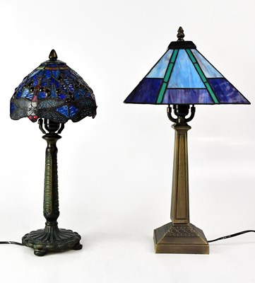 Lot 138 - Two Tiffany-style table lamps, one with blue...