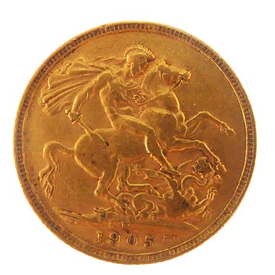 Lot 930 - An Edward VII 1905 sovereign, George & Dragon,...