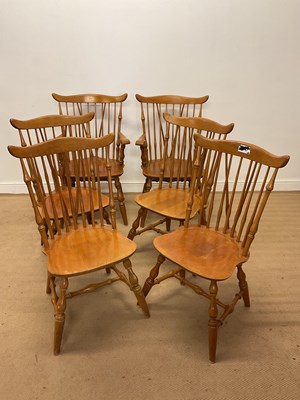 Lot 734 - A set of six hardwood stickback dining chairs...
