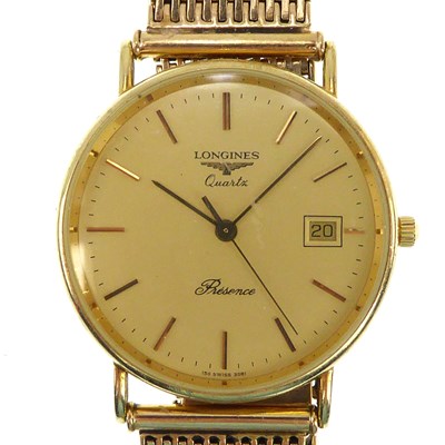 Lot 1279 - LONGINES; a gentlemen's 9ct gold Presence...