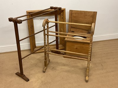 Lot 786 - Two wooden towel rails, pine mirror/picture...
