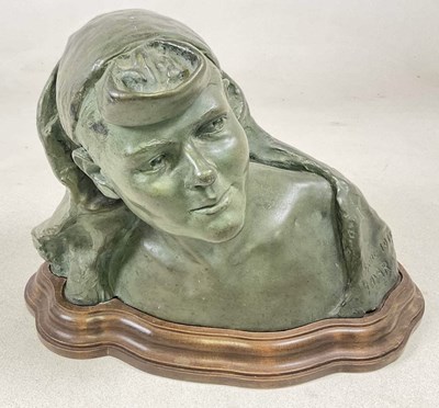 Lot 193 - FAYAR; a green patinated painted plaster bust...