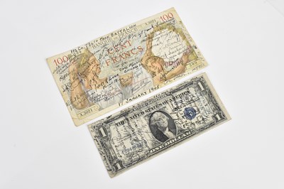 Lot 2456 - A one dollar bill and a one hundred francs...