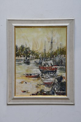 Lot 1859 - MARGARET CHAPMAN; oil on canvas, moored boats,...