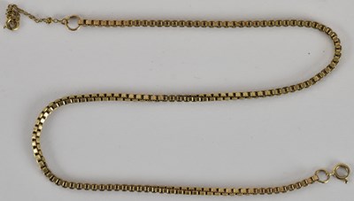 Lot 1397 - A 9ct gold box link necklace with ring clasp,...