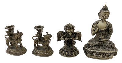 Lot 804 - A pair of modern Chinese bronze candle holders...