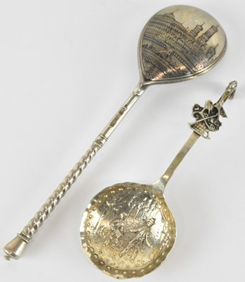 Lot 1130 - A Russian white metal and niello spoon, the...