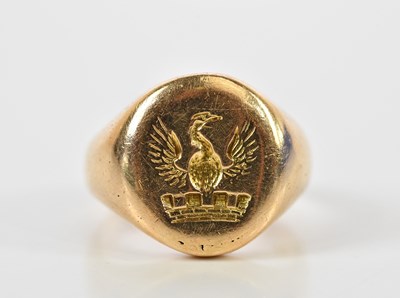 Lot 97 - A yellow metal signet ring, resized and marks...