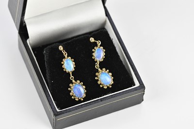 Lot 299 - A pair of yellow metal drop earrings stamped...