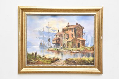 Lot 1926 - JOHN CORCORAN; oil on canvas, ships at coastal...