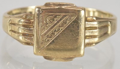 Lot 1354 - A 9ct gold signet ring with square top and...