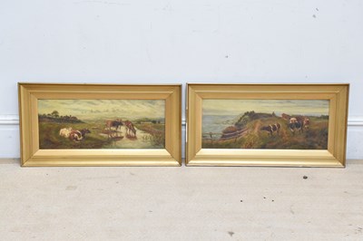 Lot 1924 - L FLUDE; two oils on canvas, cattle in coastal...