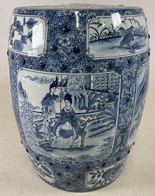 Lot 231 - A Chinese blue and white garden seat of barrel...
