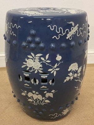 Lot 14 - A Chinese blue and white garden seat of barrel...