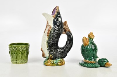Lot 1589 - MAJOLICA; a reproduction duck, and gluggle jug,...