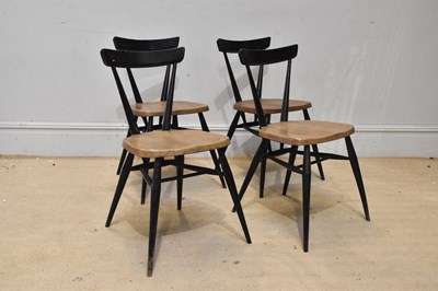 Lot 2007 - ERCOL; four ebonised and elm seated model 392...