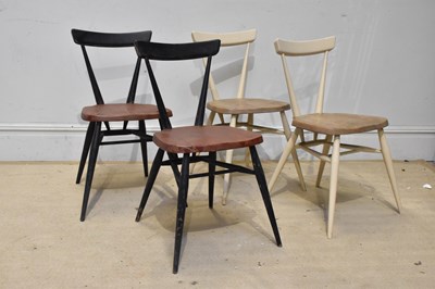 Lot 2008 - ERCOL; four ebonised and elm seated model 392...