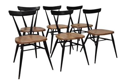 Lot 2002 - ERCOL; six ebonised and elm seated model 392...