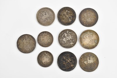 Lot 1454 - Eight George III and later silver crowns...
