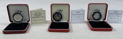 Lot 456 - ROYAL MINT; three 50p Silver Proof Piedfort...