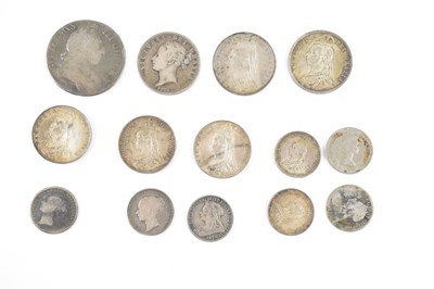 Lot 1423 - A silver crown, 1696, and assorted Victorian...