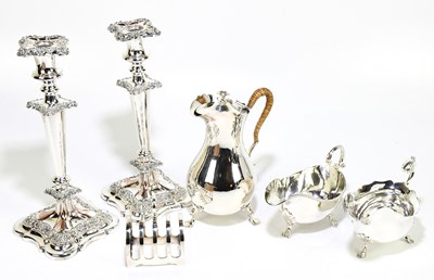 Lot 2017 - A pair of Sheffield plate candlesticks, height...