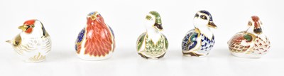 Lot 1579 - ROYAL CROWN DERBY; five bird form paperweights,...