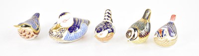 Lot 1580 - ROYAL CROWN DERBY; five bird form paperweights,...