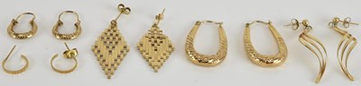 Lot 1495 - Five pairs of 9ct yellow gold earrings,...