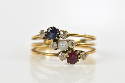 Lot 122 - A yellow metal ruby, sapphire, diamond and...
