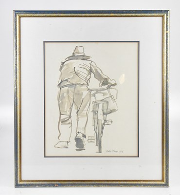 Lot 585 - KEITH BOWEN; watercolour, figure with bicycle,...