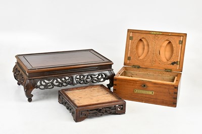 Lot 75 - Two Chinese hard wood stands, and a work box (3)