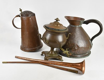 Lot 1379 - A collection of copper including hunting horn,...