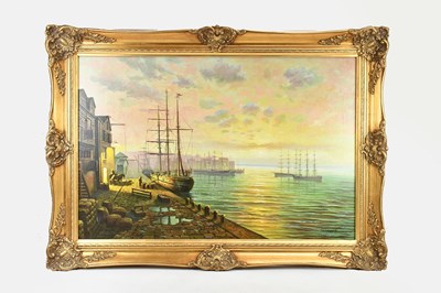 Lot 547 - GREEN; oil on canvas, harbour scene, signed,...