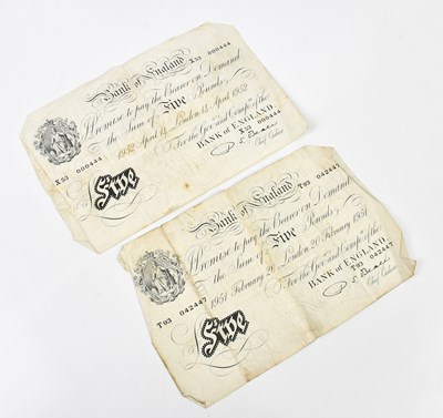 Lot 1440 - Two Bank of England white five pound notes,...