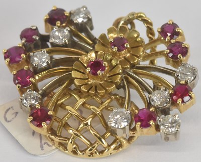 Lot 1532 - A yellow metal diamond and ruby spray brooch,...