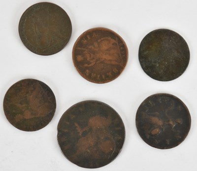 Lot 1734 - Five 17th, 18th and 19th century farthings,...