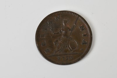 Lot 2524 - A George II copper farthing, 1754.