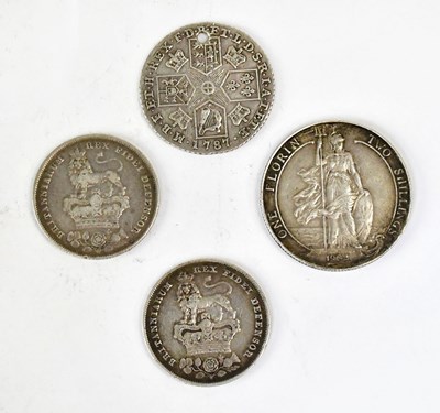 Lot 673 - A George III shilling, 1787 (drilled), two...
