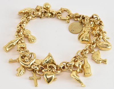 Lot 1586 - A 9ct gold charm bracelet with hoop clasp,...