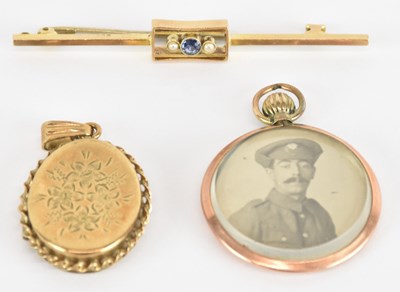 Lot 1549 - A 9ct yellow gold sapphire and seed pearl set...