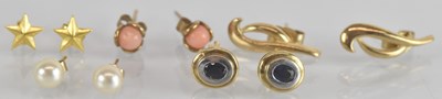 Lot 1493 - Five pairs of 9ct yellow gold earrings...